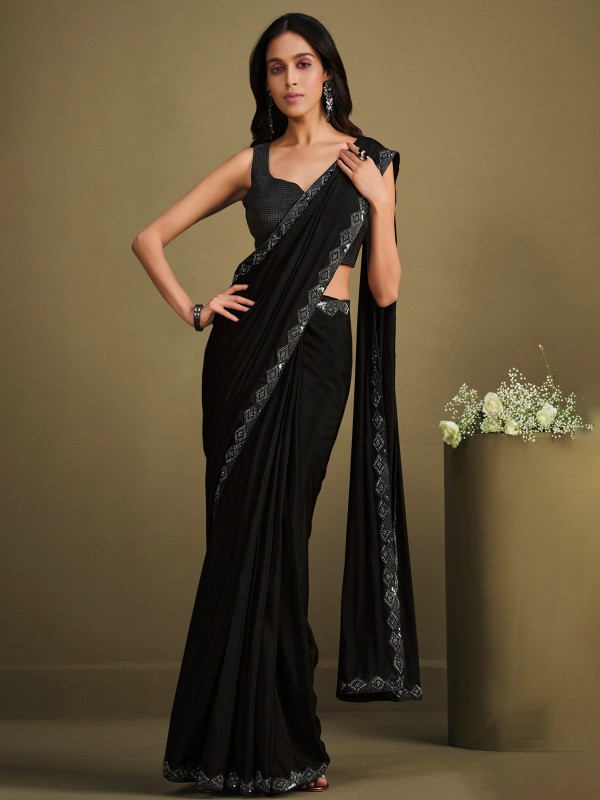 Elegant Black Crepe Silk Sequins Readymade Saree With Net Jacket
